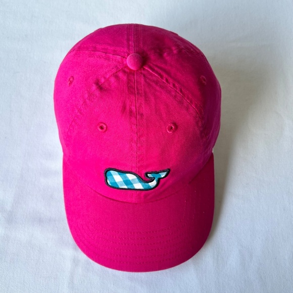 Vineyard Vines cotton bright pink large check whale baseball style 6 panel hat - Picture 2 of 5